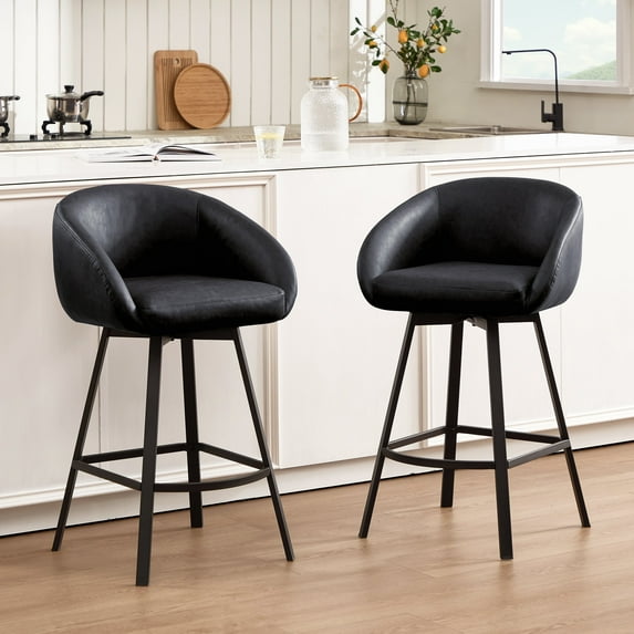 Zesthouse 26.4″ Swivel Bar Stools Set of 2, Faux Leather Upholstered Counter Height Barstools with Barrel Arms & Backs, Modern Counter Stools for Kitchen Island, Black
