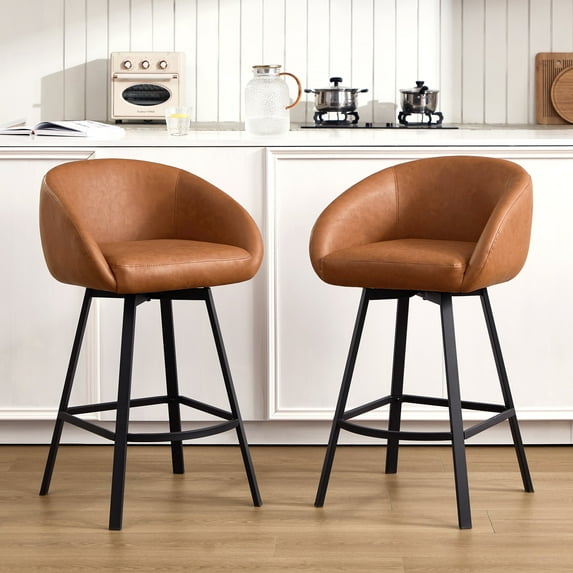 Zesthouse 26.4″ Swivel Bar Stools Set of 2, Faux Leather Upholstered Counter Height Barstools with Barrel Arms & Backs, Modern Counter Stools for Kitchen Island, Brown