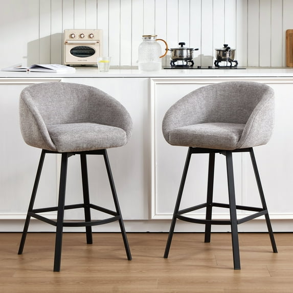 Zesthouse 26.4″ Swivel Bar Stools Set of 2, Linen Upholstered Counter Height Barstools with Barrel Arms & Backs, Modern Counter Stools for Kitchen Island, Gray