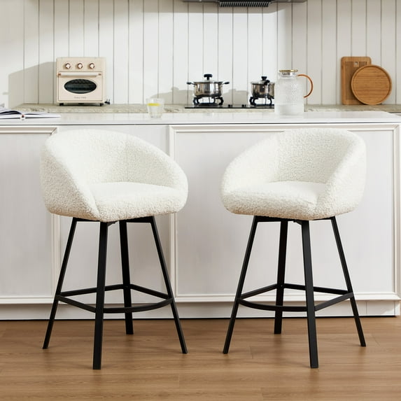 Zesthouse 26.4″ Swivel Bar Stools Set of 2, Sherpa Upholstered Counter Height Barstools with Barrel Arms & Backs, Modern Counter Stools for Kitchen Island, White