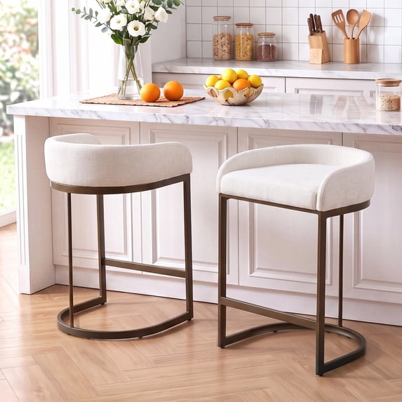 Zesthouse 26.6″ Modern Bar Stools Set of 2, Upholstered Chenille Counter Height Stools with Low Back and Thickened Antique Bronze Metal Frame, Kitchen Island Bar Chairs, White