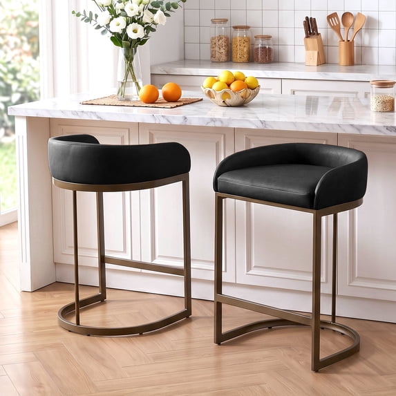 Zesthouse 26.6″ Modern Bar Stools Set of 2, Upholstered Faux Leather Counter Height Stools with Low Back and Thickened Antique Bronze Metal Frame, Kitchen Island Bar Chairs, Black
