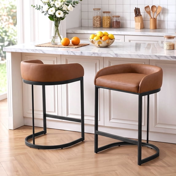 Zesthouse 26.6″ Modern Bar Stools Set of 2, Upholstered Faux Leather Counter Height Stools with Low Back and Thickened Black Metal Frame, Kitchen Island Bar Chairs, Brown
