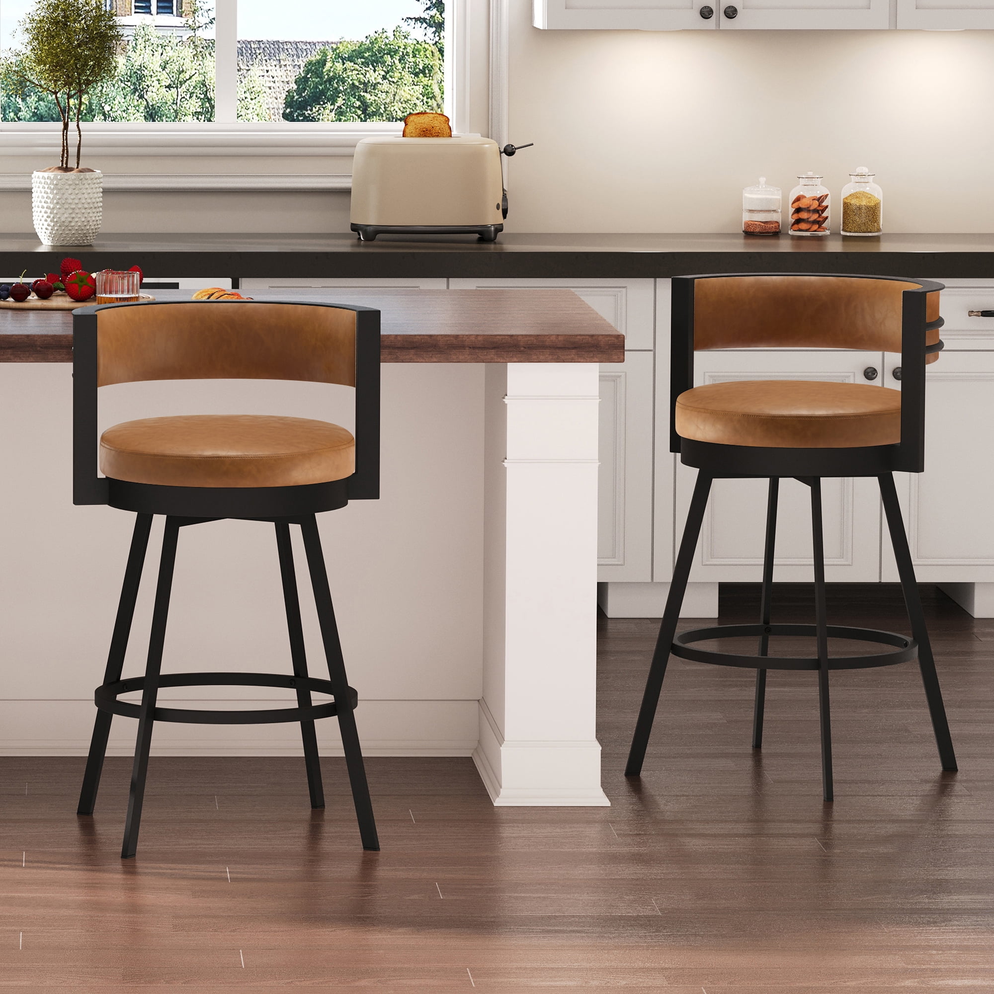 Zesthouse 26.6″ Swivel Bar Stools Set of 2, Faux Leather Upholstered Counter Height Chairs with Barrel Back & Matte Black Metal Legs, Modern Barstools for Kitchen Island, Brown