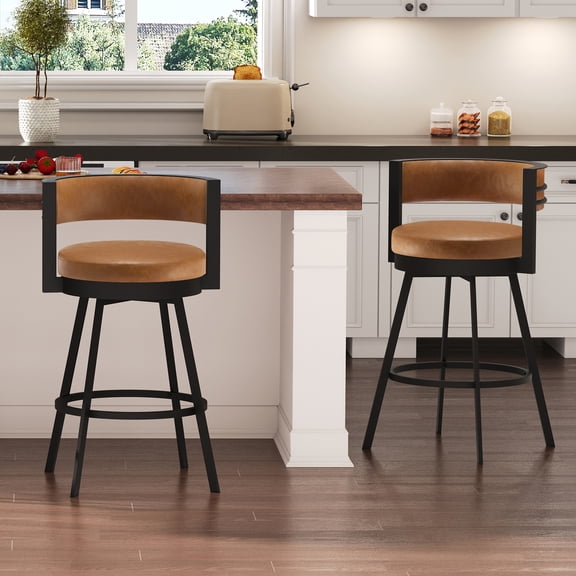 Zesthouse 26.6″ Swivel Bar Stools Set of 2, Faux Leather Upholstered Counter Height Chairs with Barrel Back & Matte Black Metal Legs, Modern Barstools for Kitchen Island, Brown