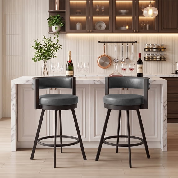 Zesthouse 26.6″ Swivel Bar Stools Set of 2, Faux Leather Upholstered Counter Stools with Barrel Back and Metal Legs, Modern Counter Height Barstools for Kitchen Island, Dark Gray