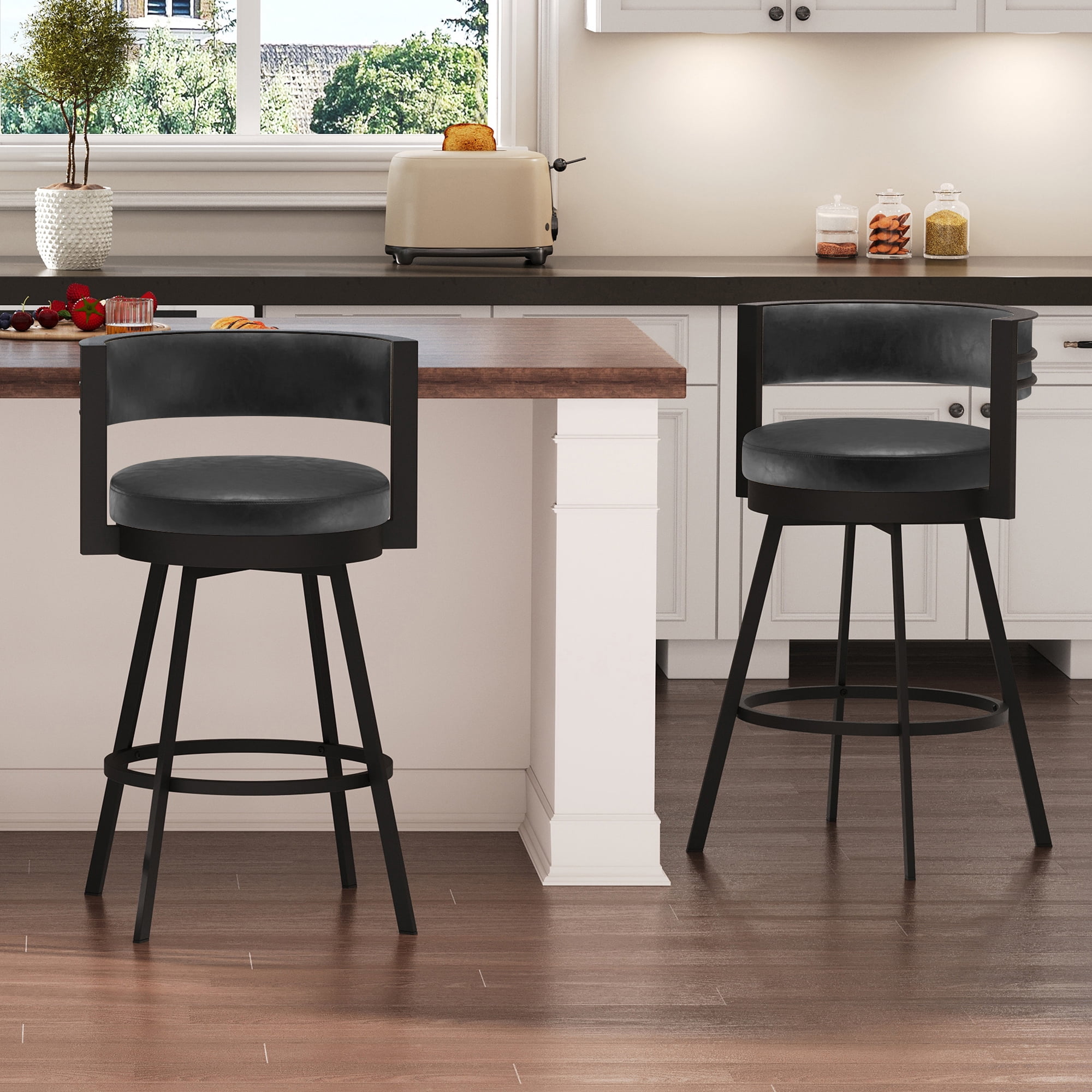 Zesthouse 26.6″ Swivel Bar Stools Set of 2, Faux Leather Upholstered Counter Stools with Barrel Back and Metal Legs, Modern Counter Height Barstools for Kitchen Island, Dark Gray