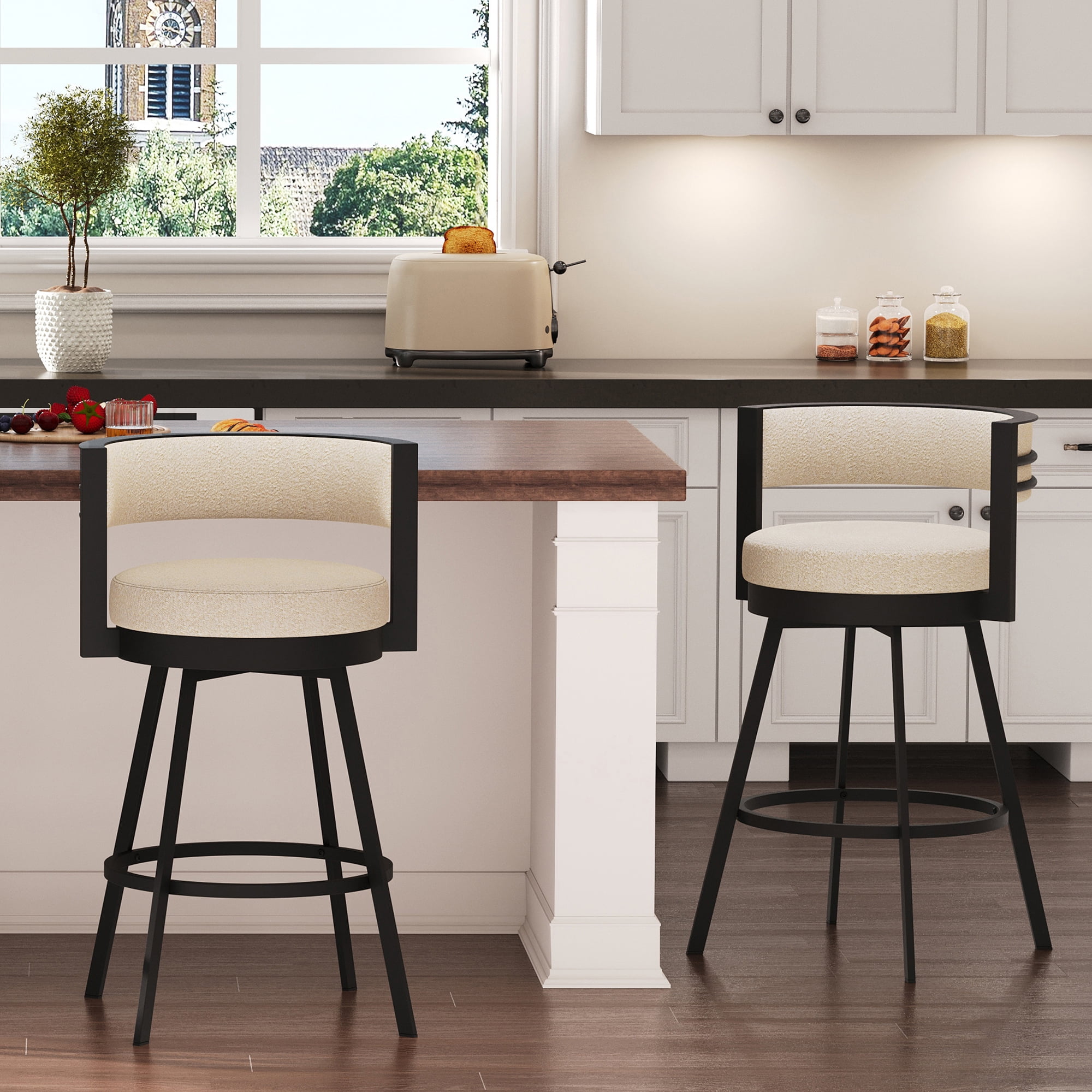 Zesthouse 26.6″ Swivel Bar Stools Set of 2, Linen Upholstered Counter Stools with Barrel Back and Metal Legs, Modern Counter Height Barstools for Kitchen Island, Beige