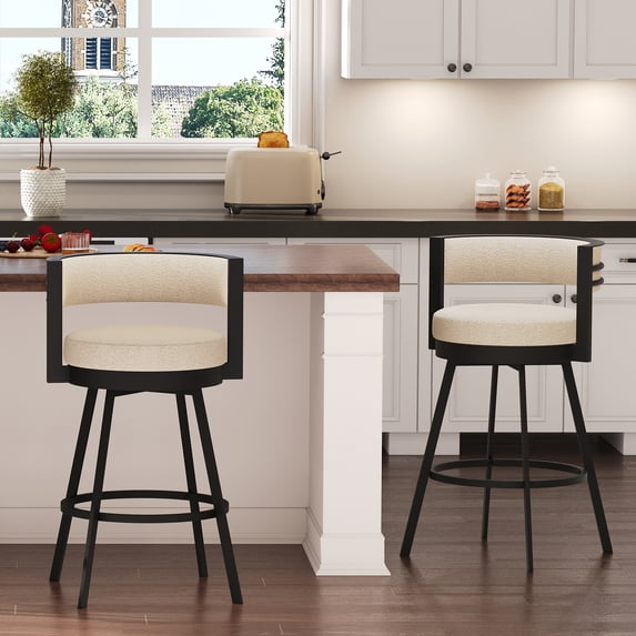 Zesthouse 26.6″ Swivel Bar Stools Set of 2, Linen Upholstered Counter Stools with Barrel Back and Metal Legs, Modern Counter Height Barstools for Kitchen Island, Beige