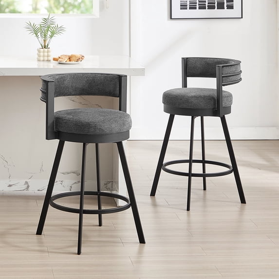 Zesthouse 26.6″ Swivel Bar Stools Set of 2, Linen Upholstered Counter Height Chairs with Barrel Back Metal Legs, Modern Barstools for Kitchen Island, Dark Gray