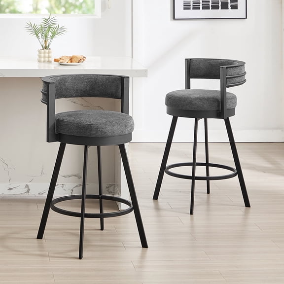 Zesthouse 26.6″ Swivel Bar Stools Set of 2, Linen Upholstered Counter Height Chairs with Barrel Back Metal Legs, Modern Barstools for Kitchen Island, Dark Gray