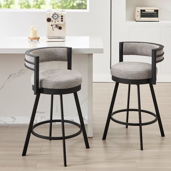 Zesthouse 26.6″ Swivel Bar Stools Set of 2, Linen Upholstered Counter Stools with Barrel Back and Metal Legs, Modern Counter Height Barstools for Kitchen Island, Gray