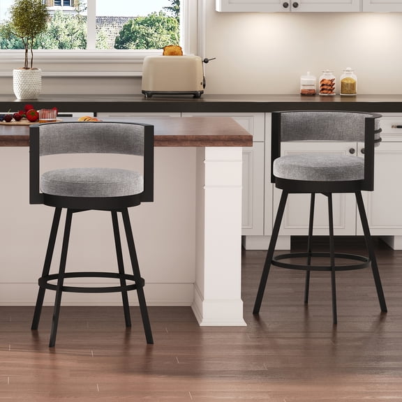 Zesthouse 26.6″ Swivel Bar Stools Set of 2, Linen Upholstered Counter Stools with Barrel Back and Metal Legs, Modern Counter Height Barstools for Kitchen Island, Gray