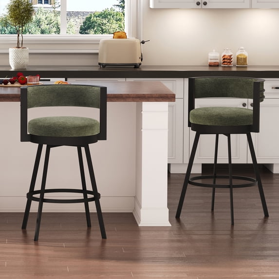 Zesthouse 26.6″ Swivel Bar Stools Set of 2, Linen Upholstered Counter Stools with Barrel Back and Metal Legs, Modern Counter Height Barstools for Kitchen Island, Green