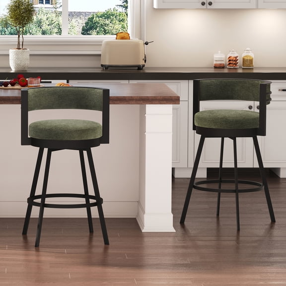Zesthouse 26.6″ Swivel Bar Stools Set of 2, Linen Upholstered Counter Stools with Barrel Back and Metal Legs, Modern Counter Height Barstools for Kitchen Island, Green