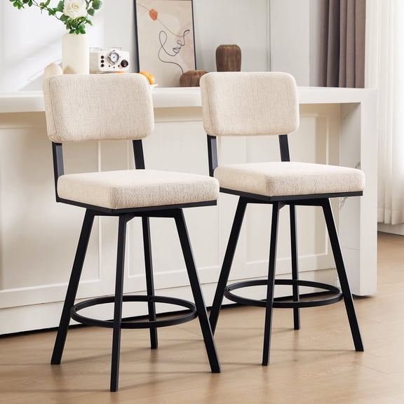 Zesthouse 26.6" Swivel Bar Stools Set of 2, Modern Counter Height Stools with Solid Back & Metal Base, Linen Upholstered Barstools for Kitchen Island, Beige