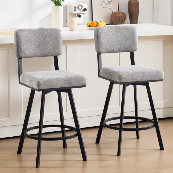 Zesthouse 26.6" Swivel Bar Stools Set of 2, Modern Counter Height Stools with Solid Back & Metal Base, Linen Upholstered Barstools for Kitchen Island, Gray