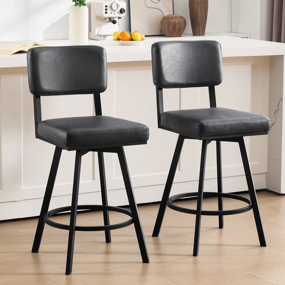 Zesthouse 26.6" Swivel Bar Stools Set of 2, Modern Counter Height Stools with Solid Back & Metal Base, PU Leather Upholstered Barstools for Kitchen Island, Black