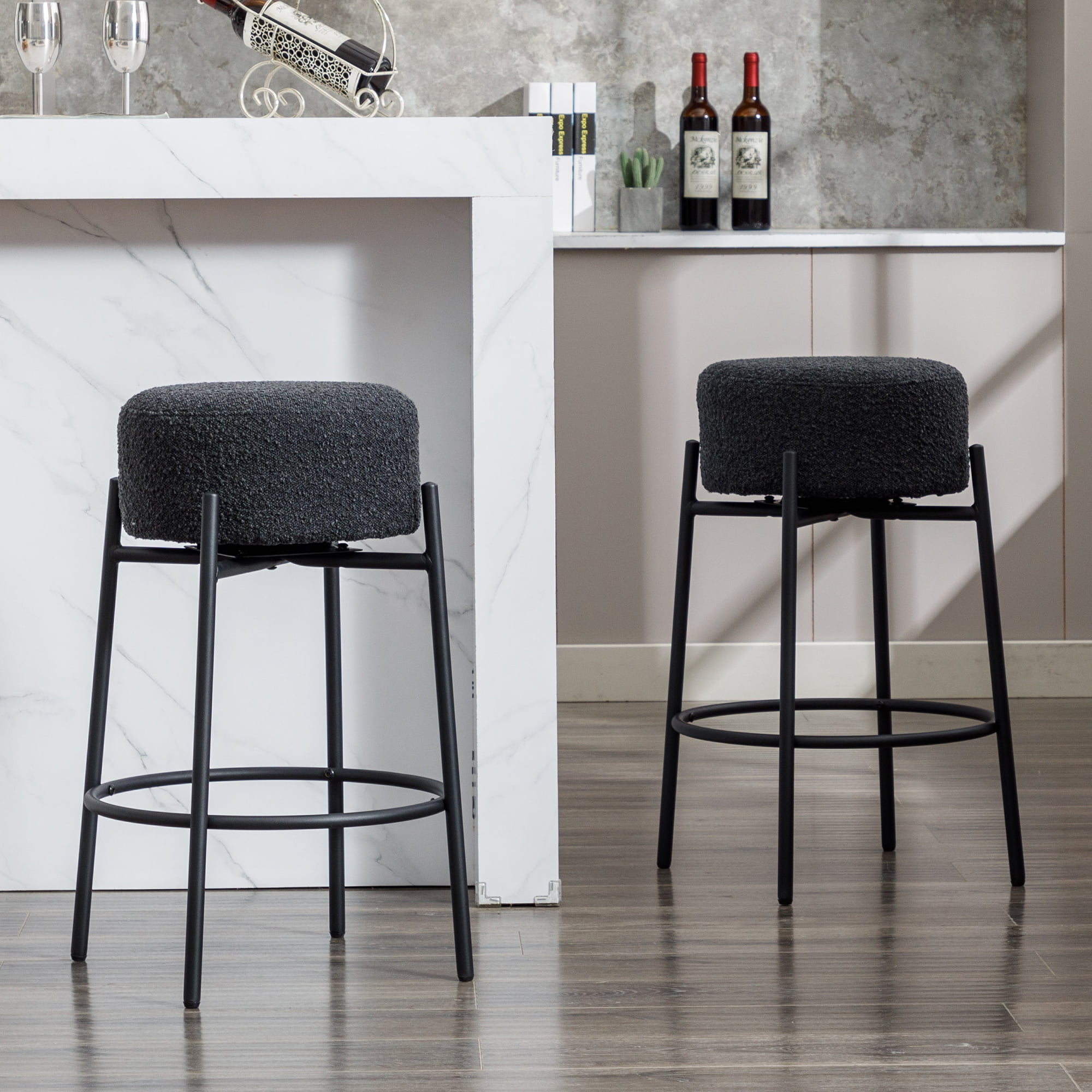 Zesthouse 26.7 Swivel Counter Stools Set of 2 Modern Boucle Counter Height Bar Stools with Black Metal Legs Backless Round Counter Bar Stools for Kitchen Island Home Bar Black Walmart