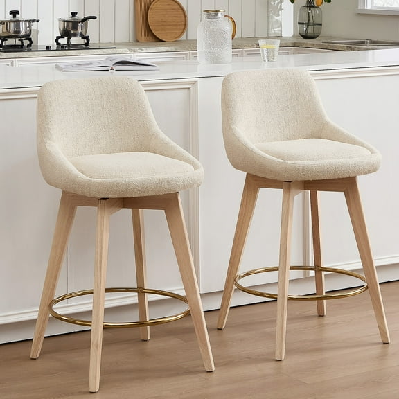 Zesthouse 26.8″ Swivel Bar Stools Counter Height Set of 2, Modern Counter Stools with Backs & Wood Legs, Upholstered Linen Fabric Barstools for Island Kitchen, Beige