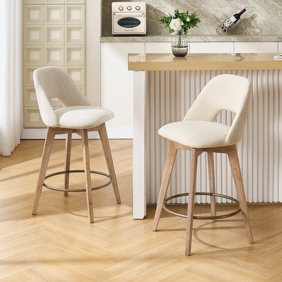 Zesthouse 26.8" Swivel Bar Stools Set of 2, Linen Upholstered Counter Height Stools with Open Back and Brushed Wooden Legs, Mid Century Barstools Kitchen Bar Chairs for 36"-39" Countertop, Beige