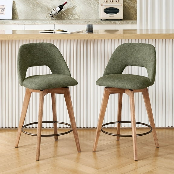 Zesthouse 26.8" Swivel Bar Stools Set of 2, Linen Upholstered Counter Height Stools with Open Back and Brushed Wooden Legs, Mid Century Barstools Kitchen Bar Chairs for 36"-39" Countertop, Green