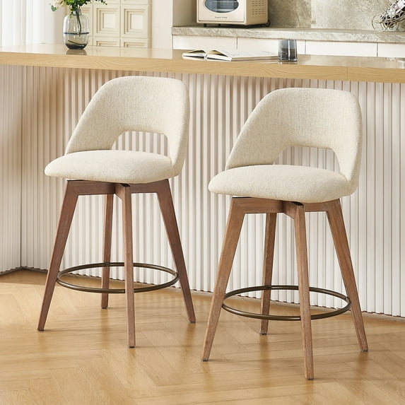Zesthouse 26.8" Swivel Bar Stools Set of 2, Linen Upholstered Counter Height Stools with Open Back and Wood Legs, Mid Century Barstools Kitchen Bar Chairs for Pub Dining Room, Beige