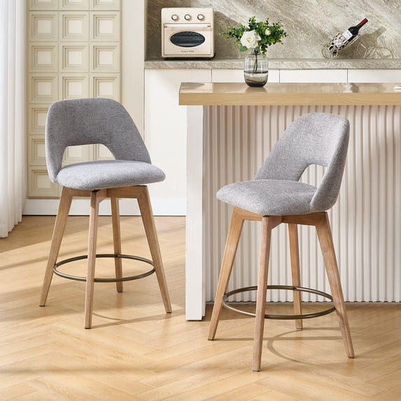 Zesthouse 26.8" Swivel Bar Stools Set of 2, Linen Upholstered Counter Height Stools with Open Back and Brushed Wooden Legs, Mid Century Barstools Kitchen Bar Chairs for 36"-39" Countertop, Gray