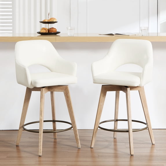 Zesthouse 26.8″ Swivel Counter Height Bar Stools Set of 2, Upholstered Faux Leather Bar Stools with Back and Wood Legs, Mid Century Modern Barstool Island Chairs for Kitchen Counter, Cream