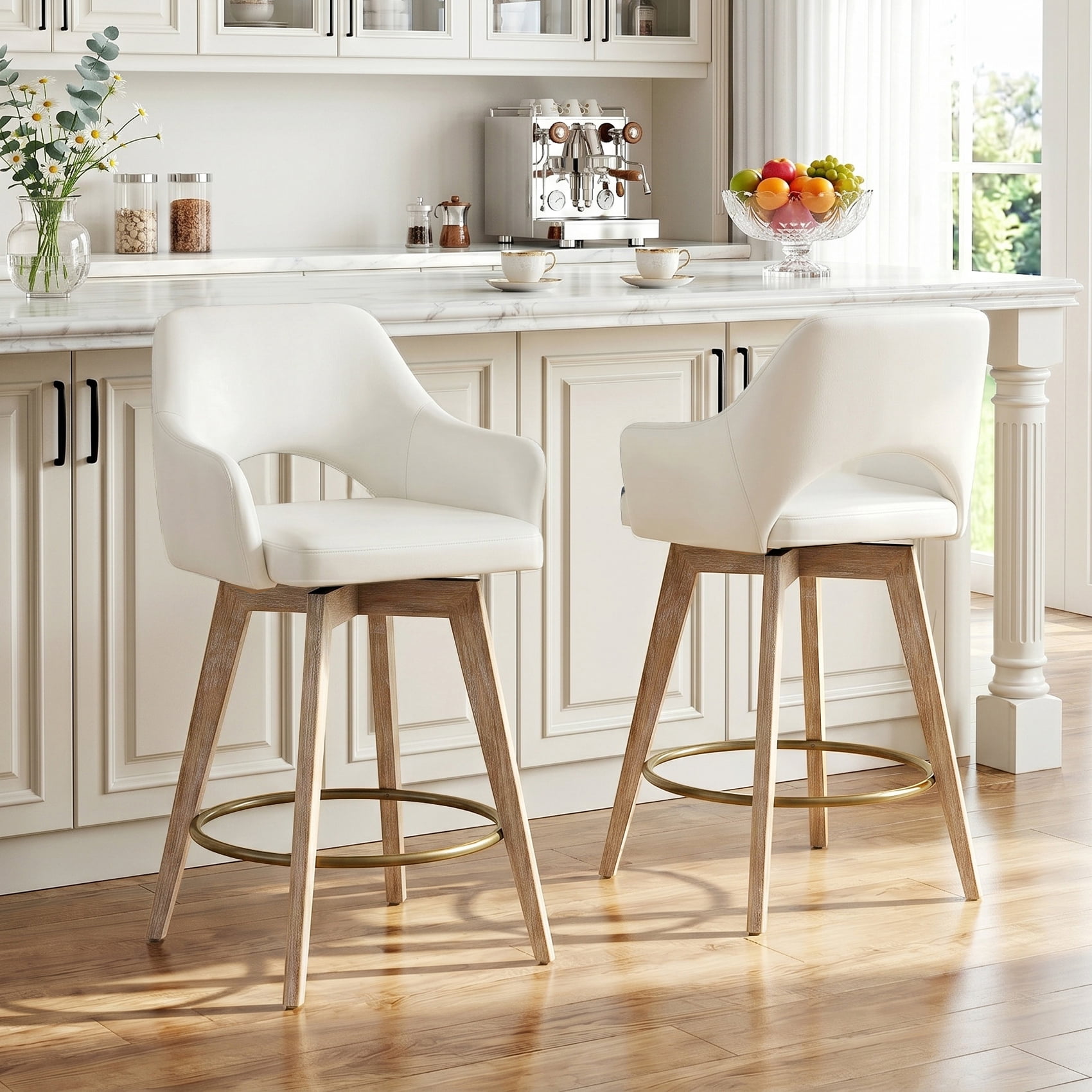 Zesthouse 26.8″ Swivel Counter Height Bar Stools Set of 2, Upholstered Faux Leather Bar Stools with Back and Wood Legs, Mid Century Modern Barstool Island Chairs for Kitchen Counter, Cream