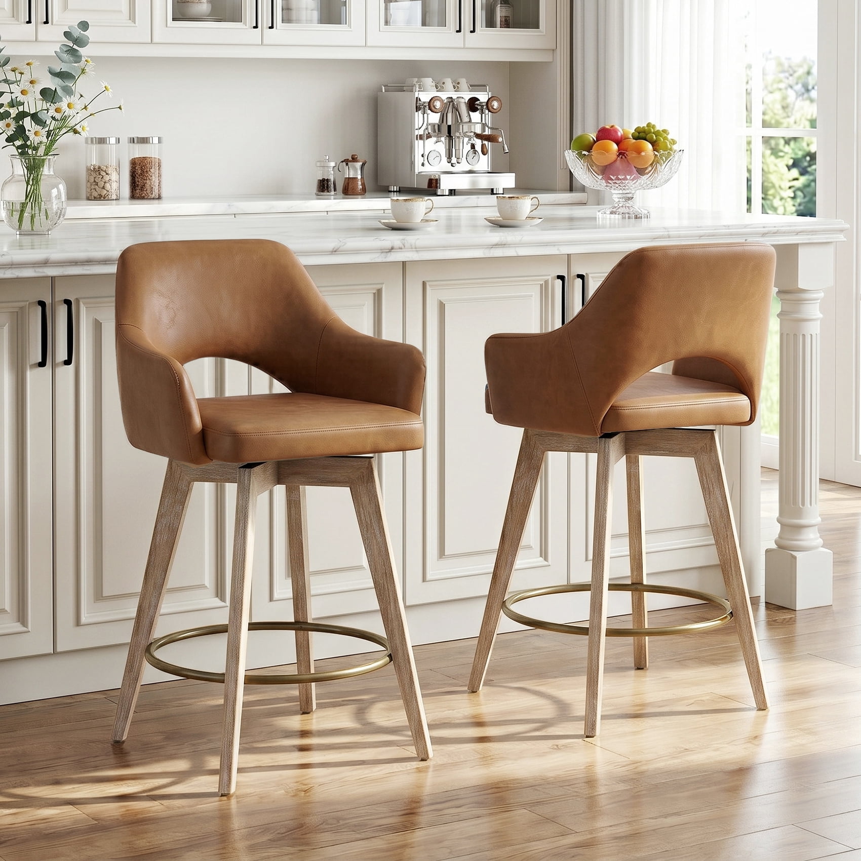 Zesthouse 26.8″ Swivel Counter Height Bar Stools Set of 2, Upholstered Faux Leather Bar Stools with Back and Wood Legs, Mid Century Modern Barstool Island Chairs for Kitchen Counter, Brown