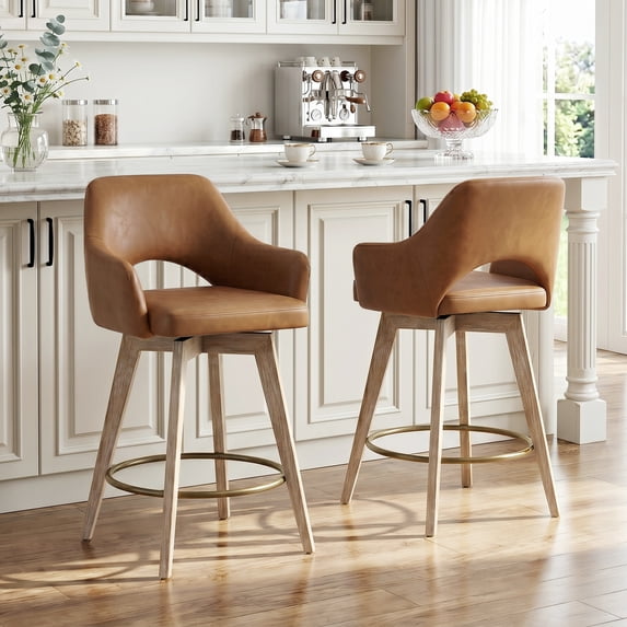 Zesthouse 26.8″ Swivel Counter Height Bar Stools Set of 2, Upholstered Faux Leather Bar Stools with Back and Wood Legs, Mid Century Modern Barstool Island Chairs for Kitchen Counter, Brown