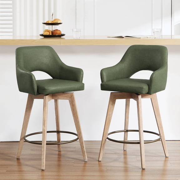Zesthouse 26.8″ Swivel Counter Height Bar Stools Set of 2, Upholstered Faux Leather Bar Stools with Back and Wood Legs, Mid Century Modern Barstool Island Chairs for Kitchen Counter, Green