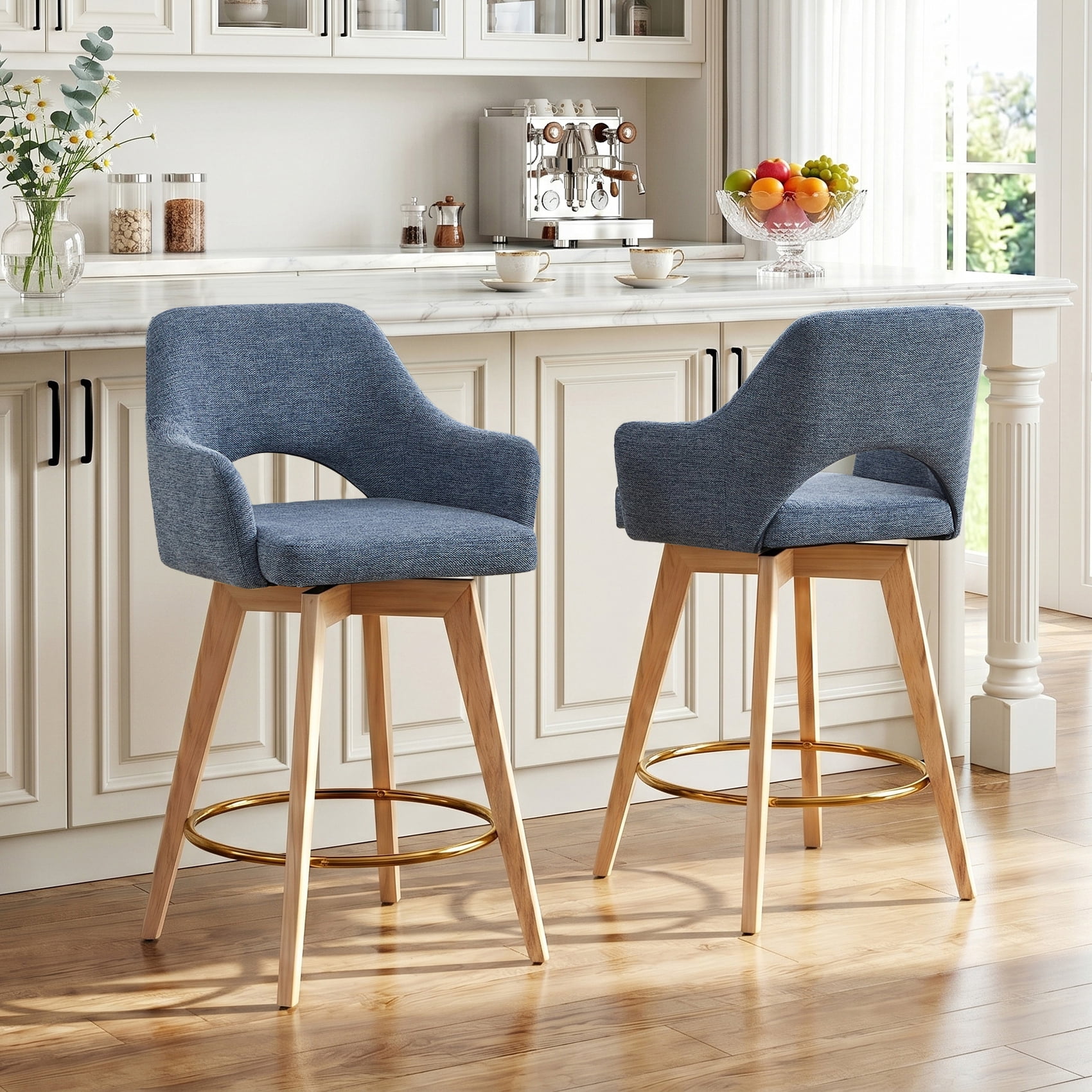 Zesthouse 26.8″ Swivel Counter Height Bar Stools Set of 2, Upholstered Linen Bar Stools with Back and Wood Legs, Mid Century Modern Barstool Island Chairs for Kitchen Counter, Blue