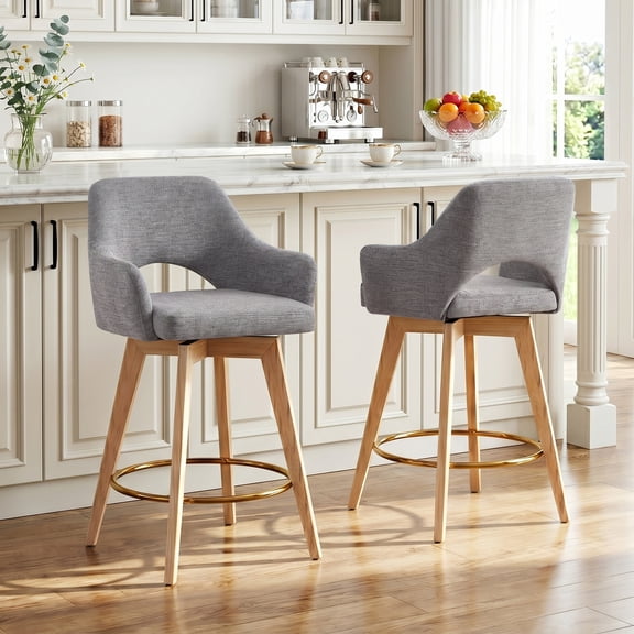 Zesthouse 26.8″ Swivel Counter Height Bar Stools Set of 2, Upholstered Linen Bar Stools with Back and Wood Legs, Mid Century Modern Barstool Island Chairs for Kitchen Counter, Gray