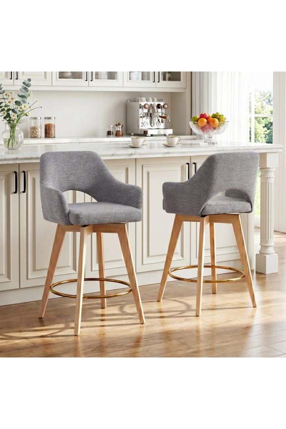 26.8″ Swivel Counter Height Bar Stools Set of 2, Upholstered Linen Bar Stools with Back and Wood Legs, Mid Century Modern Barstool Island Chairs for Kitchen Counter, Gray