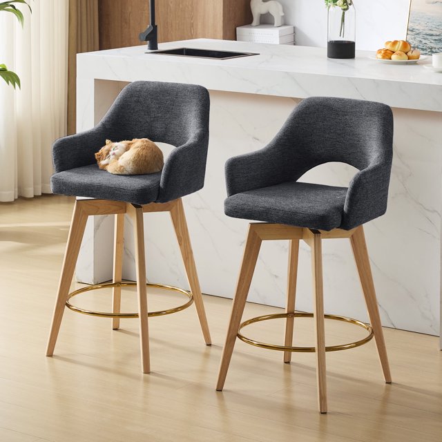Zesthouse 26.8″ Swivel Counter Height Bar Stools Set of 2, Upholstered Linen Bar Stools with Back and Wood Legs, Mid Century Modern Barstool Island Chairs for Kitchen Counter, Dark Gray