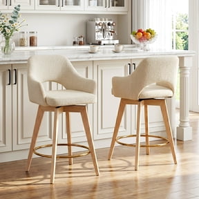 Zesthouse 26.8″ Swivel Counter Height Bar Stools Set of 2, Upholstered Linen Bar Stools with Back and Wood Legs, Mid Century Modern Barstool Island Chairs for Kitchen Counter, Beige