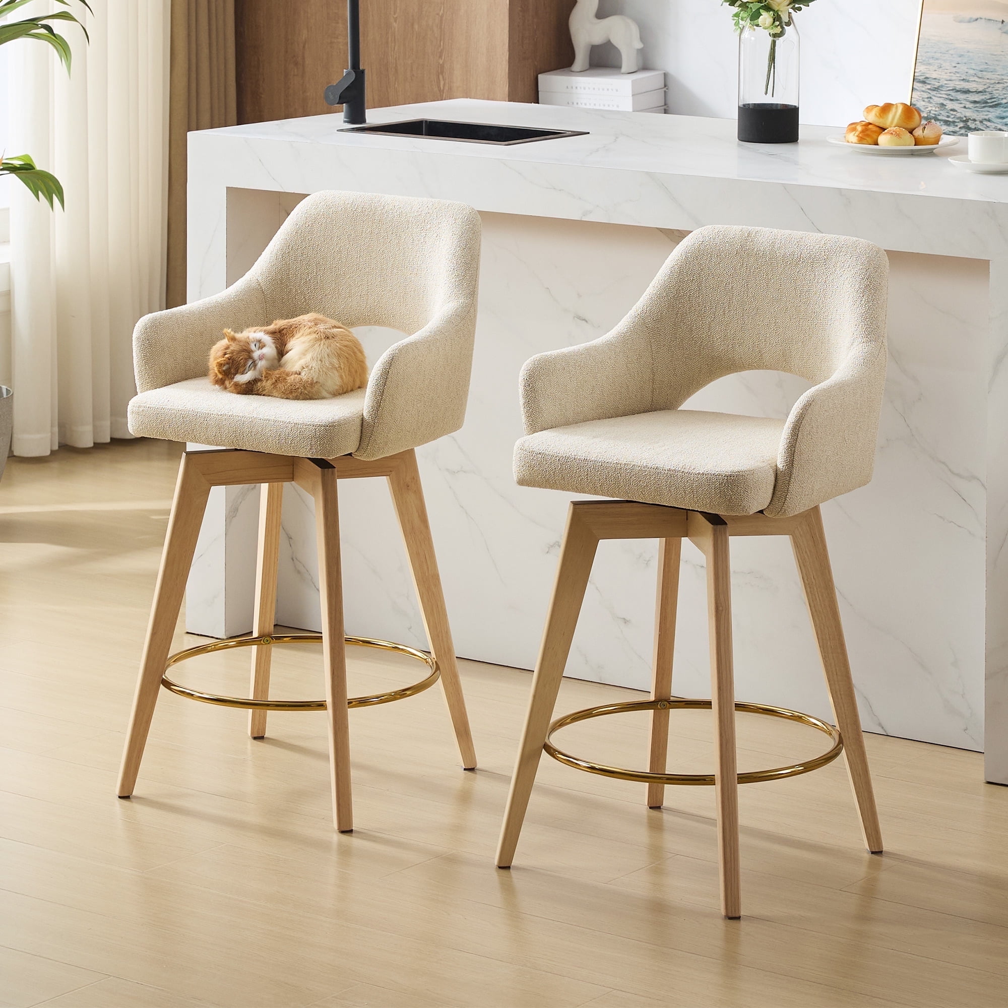 Beige Linen and Natural Wood Swivel Counter Stools, Set of 2