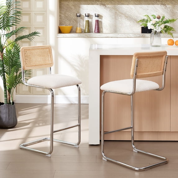 Zesthouse 30" Rattan Bar Stools Set of 2, Boucle Upholstered Barstools with Cane Back and Chrome Legs, Mid Century Counter Height Bar Stools for Kitchen Island, White