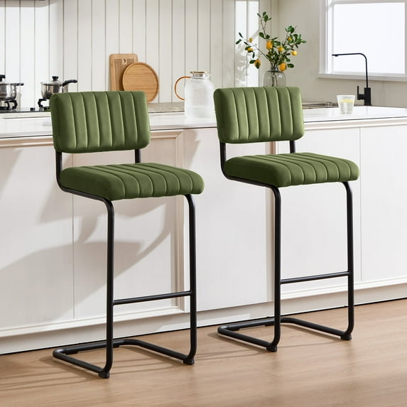 Zesthouse 30" Bar Stools Set of 2, Tufted Velvet Bar Height Stools Chairs with Back and Metal Legs, Mid Century Modern Barstools for Kitchen Island, Green