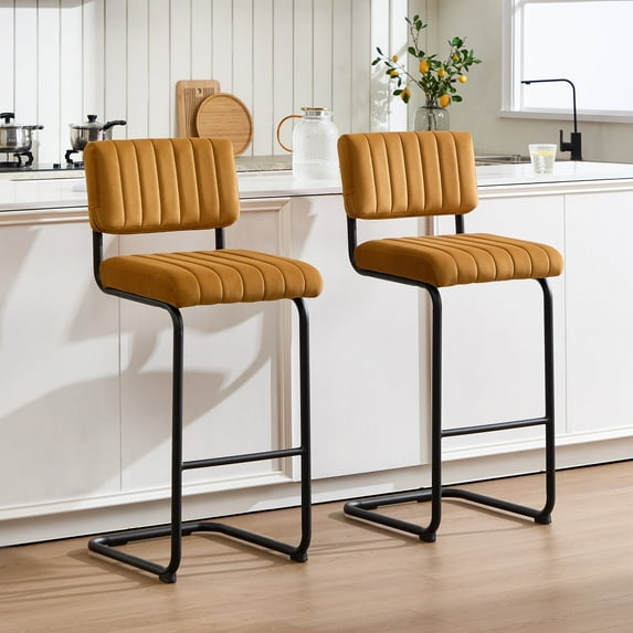 Zesthouse 30" Bar Stools Set of 2, Tufted Velvet Bar Height Stools Chairs with Back and Metal Legs, Mid Century Modern Barstools for Kitchen Island, Orange