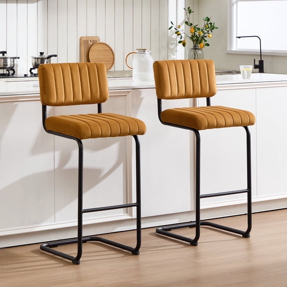 Zesthouse 30.5" Bar Stools Set of 2, Tufted Velvet Bar Height Stools Chairs with Back and Metal Legs, Mid Century Modern Barstools for Kitchen Island, Orange