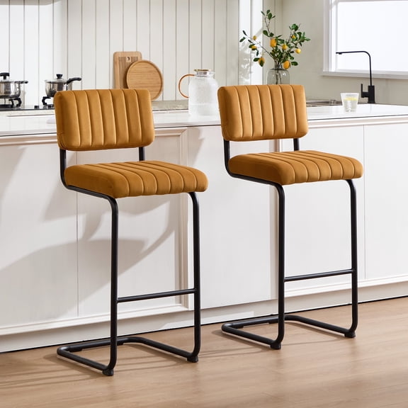 Zesthouse 30.5" Bar Stools Set of 2, Tufted Velvet Bar Height Stools Chairs with Back and Metal Legs, Mid Century Modern Barstools for Kitchen Island, Orange