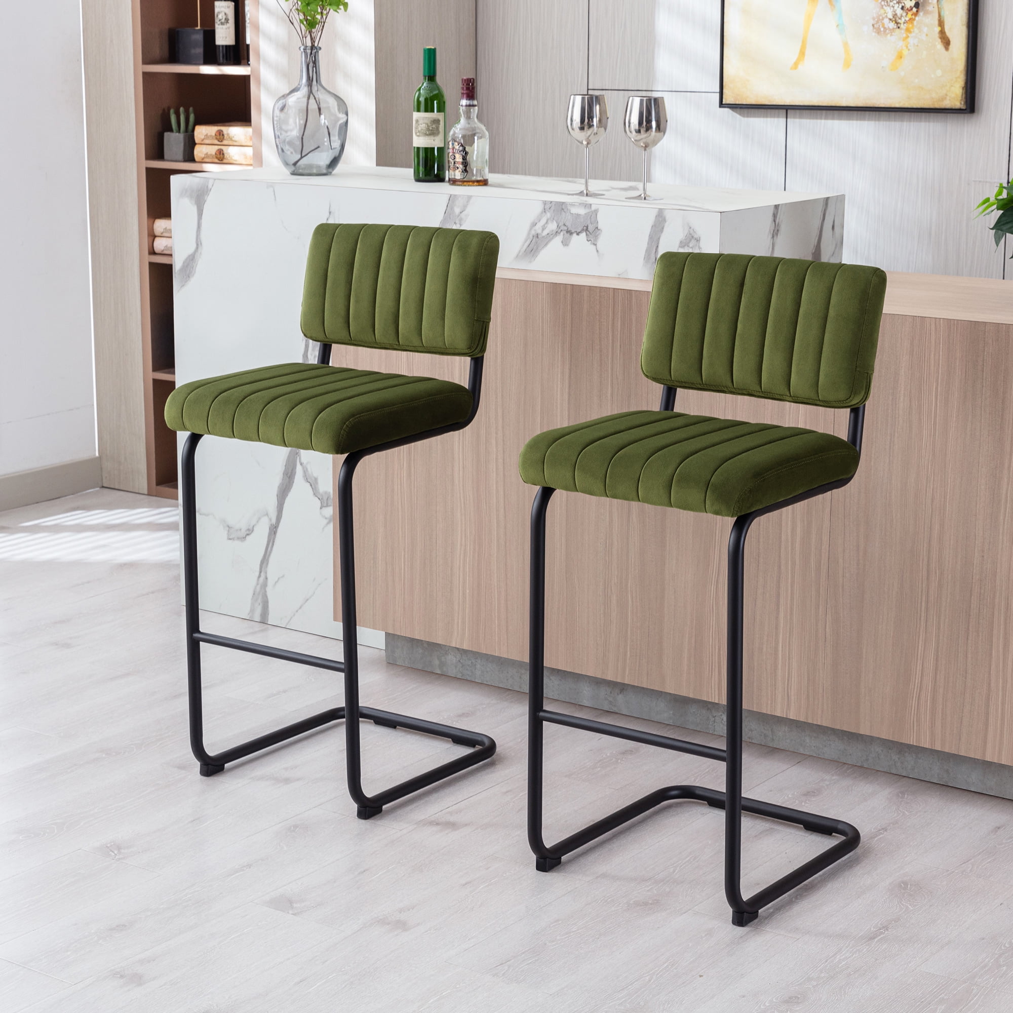 Olive Green Velvet Upholstered Bar Stools with Steel Frame, Set of 2