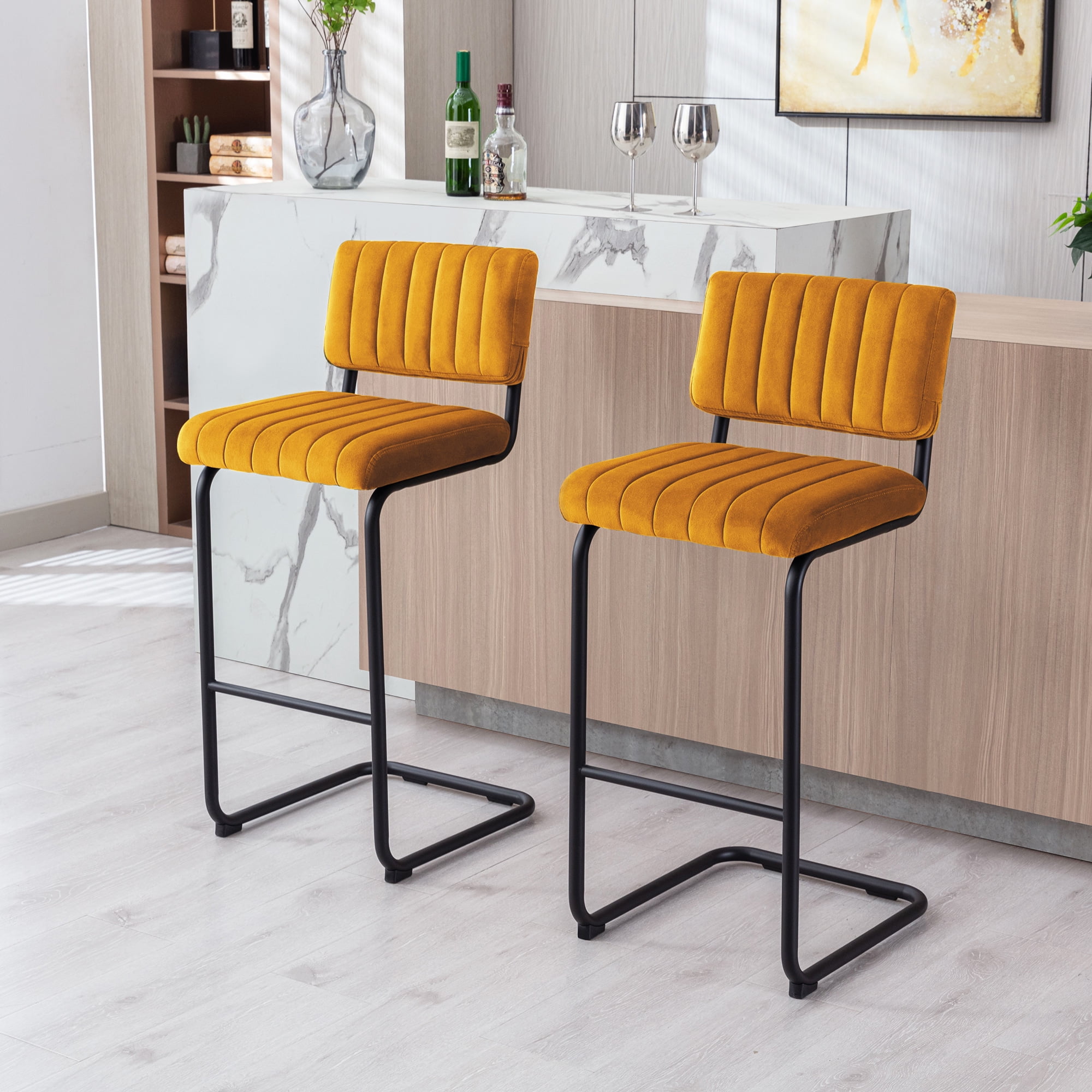 Zesthouse Upholstered 30 Bar Stools Set of 2 Velvet Tufted Back Black Metal Legs Orange Walmart