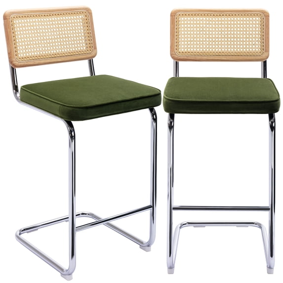 Zesthouse 30″ Rattan Bar Stools Set of 2, Velvet Bar Height Island Chairs with Cane Back & Chrome Legs, Mid Century Cantilevered Design Barstools for Kitchen Island, Green