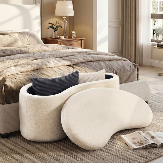 Zesthouse 39.4" Modern Storage Ottoman Bench, Crescent Entryway Bench with Storage, Linen Upholstered Bench for Bedroom Living Room, Flip Top, Beige