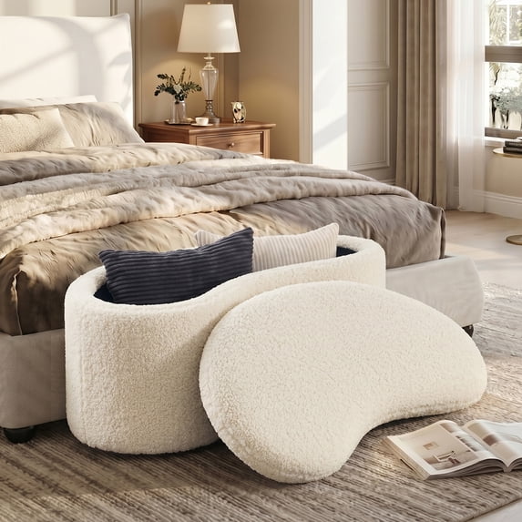 Zesthouse 39.4" Modern Storage Ottoman Bench, Crescent Entryway Bench with Storage, Sherpa Upholstered Bench for Bedroom Living Room, Flip Top, Beige