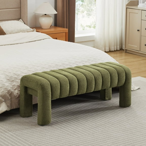 Zesthouse 43.3″ End of Bed Bench, Boucle Tufted Upholstered Ottoman Bench with Padded Seat and Solid Wood Leg, Modern Entryway Bench for Bedroom, Living Room, Green